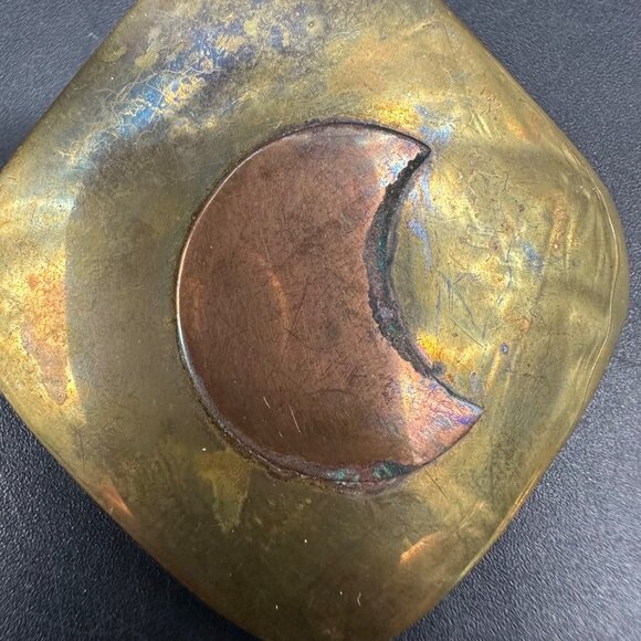 Vintage Earrings Crescent Moon Brass Copper Boho Celestial Modern Mixed Metal - Picture 6 of 8